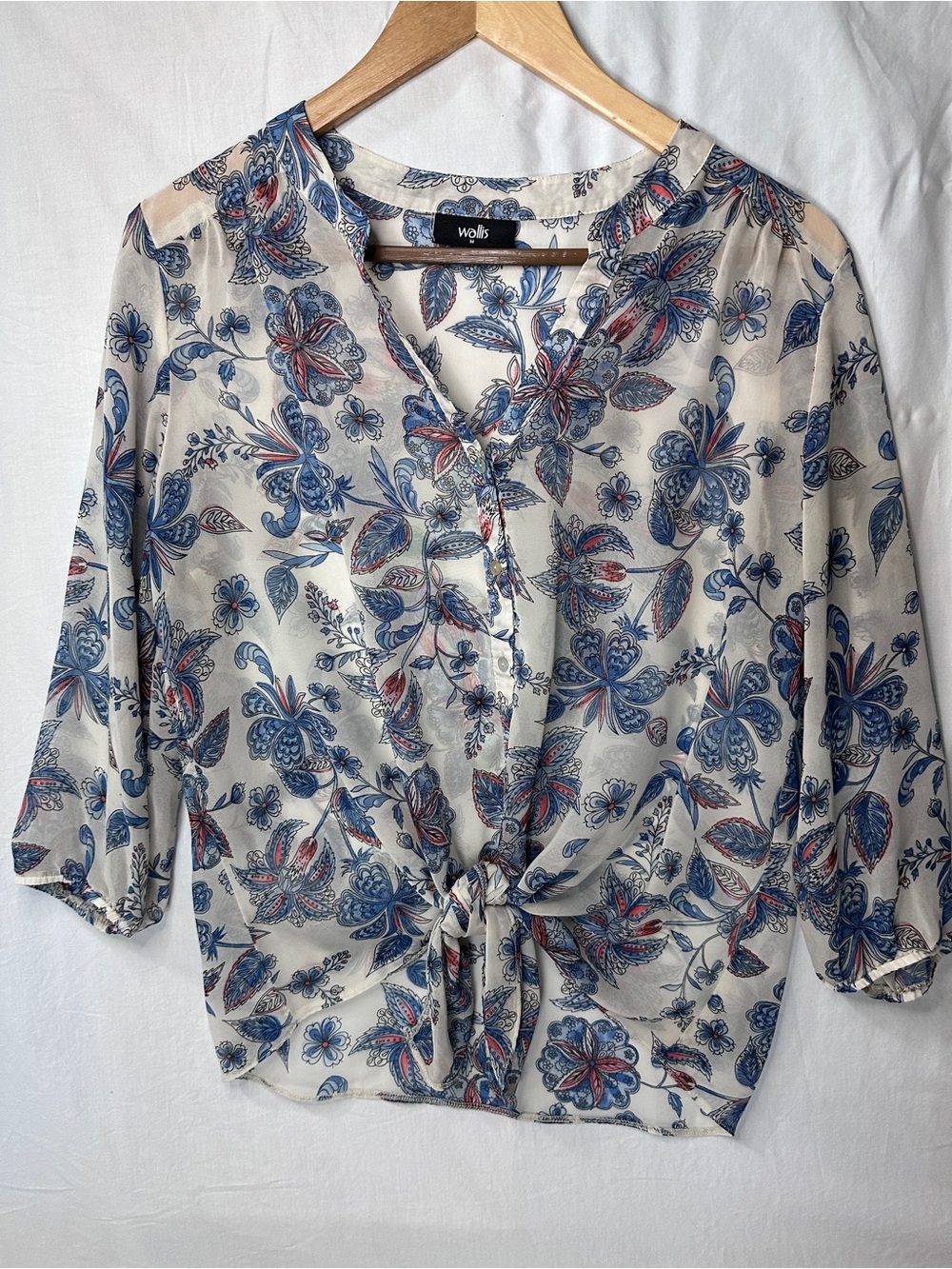 Wallis Sheer Cream Tie-Front Blouse with Blue and Red Floral Print